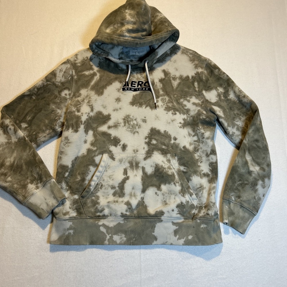Aeropostale New York Mens Hoodie Tie Dye Tan White Medium Casual Pullover